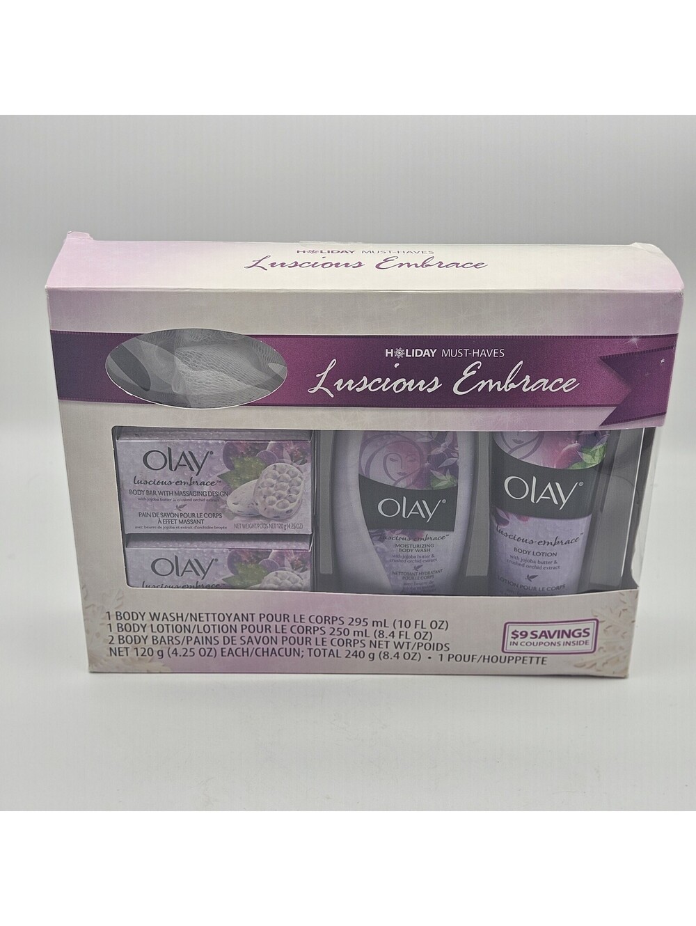Olay Luscious Embrace Holiday Set. Includes Body Wash, Lotion And 2 Bars Of Soap